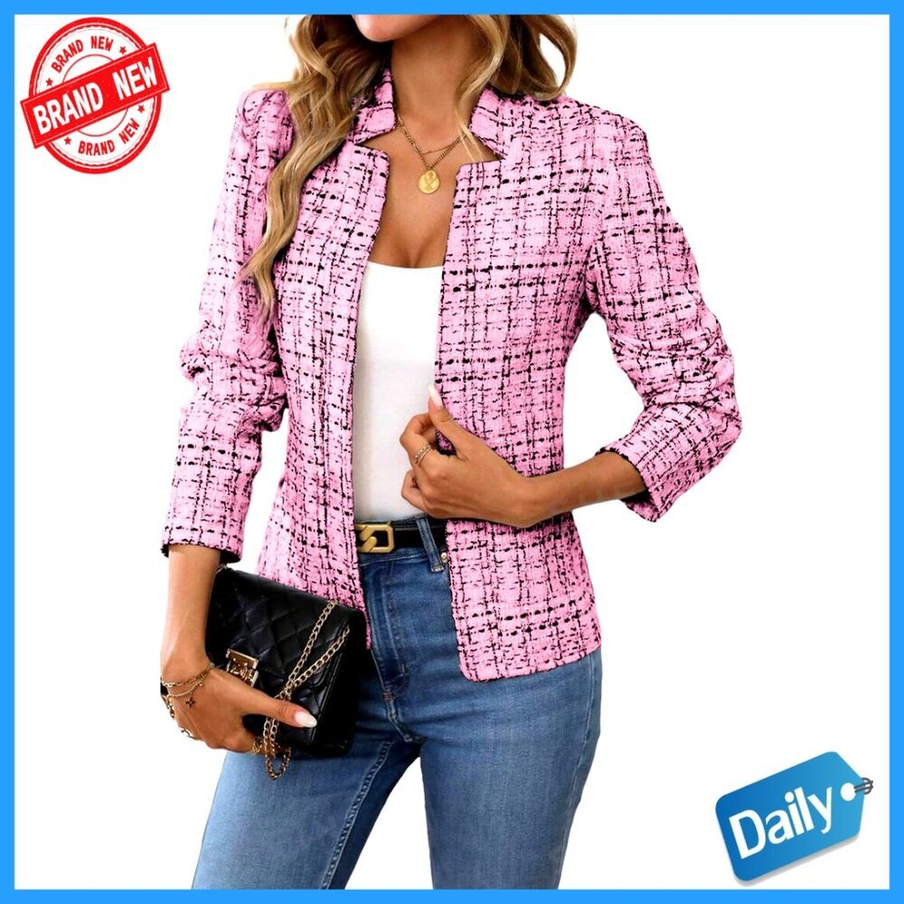 Slim Fit Tweed Blazer Long Sleeve Notch Collar Casual Business Office Jacket - Picture 1 of 7